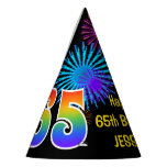 [ Thumbnail: Fun Fireworks + Rainbow Pattern "65" Birthday # Party Hat ]
