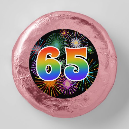 Fun Fireworks, Rainbow Pattern "65" Event # Dipped Oreo Cookie Favors (Front)