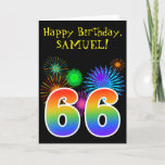 [ Thumbnail: Fun Fireworks + Rainbow Pattern "66" Birthday # Card ]