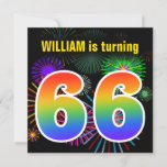 [ Thumbnail: Fun Fireworks + Rainbow Pattern "66" Birthday # Invitation ]
