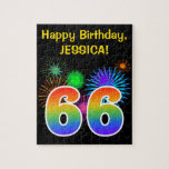 [ Thumbnail: Fun Fireworks + Rainbow Pattern "66" Birthday # Jigsaw Puzzle ]