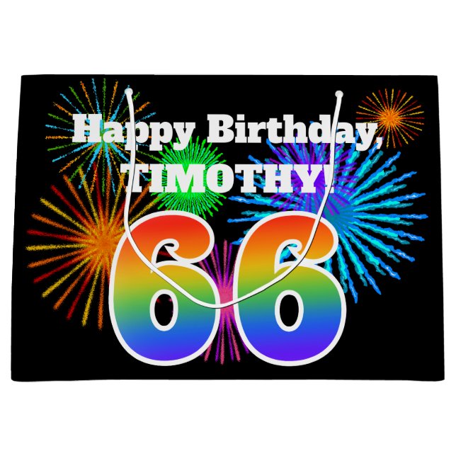 Fun Fireworks + Rainbow Pattern "66" Birthday # Large Gift Bag (Front)