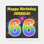 [ Thumbnail: Fun Fireworks + Rainbow Pattern "66" Birthday # Napkins ]