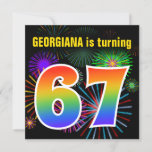[ Thumbnail: Fun Fireworks + Rainbow Pattern "67" Birthday # Invitation ]