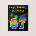 [ Thumbnail: Fun Fireworks + Rainbow Pattern "67" Birthday # Jigsaw Puzzle ]