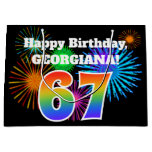 [ Thumbnail: Fun Fireworks + Rainbow Pattern "67" Birthday # Gift Bag ]