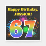 [ Thumbnail: Fun Fireworks + Rainbow Pattern "67" Birthday # Napkins ]