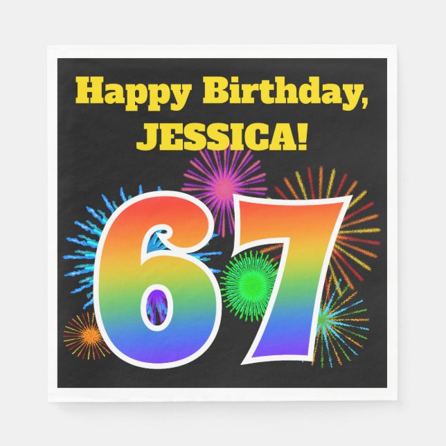 Fun Fireworks + Rainbow Pattern "67" Birthday # Napkins (Front)