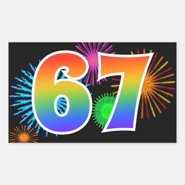 Fun Fireworks + Rainbow Pattern "67" Event Number Rectangular Sticker (Front)