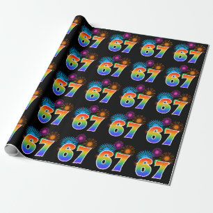 Fun Fireworks + Rainbow Pattern "67" Event Number Wrapping Paper