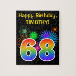 [ Thumbnail: Fun Fireworks + Rainbow Pattern "68" Birthday # Jigsaw Puzzle ]