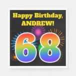 [ Thumbnail: Fun Fireworks + Rainbow Pattern "68" Birthday # Napkins ]