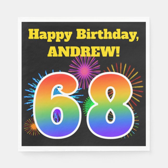 Fun Fireworks + Rainbow Pattern "68" Birthday # Napkins (Front)