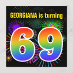 [ Thumbnail: Fun Fireworks + Rainbow Pattern "69" Birthday # Invitation ]