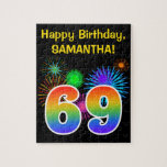 [ Thumbnail: Fun Fireworks + Rainbow Pattern "69" Birthday # Jigsaw Puzzle ]