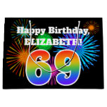[ Thumbnail: Fun Fireworks + Rainbow Pattern "69" Birthday # Gift Bag ]