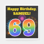 [ Thumbnail: Fun Fireworks + Rainbow Pattern "69" Birthday # Napkins ]