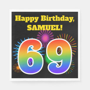 Fun Fireworks + Rainbow Pattern "69" Birthday # Napkins