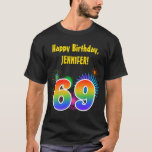 [ Thumbnail: Fun Fireworks + Rainbow Pattern "69" Birthday # T-Shirt ]