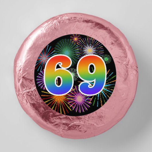 Fun Fireworks, Rainbow Pattern "69" Event # Dipped Oreo Cookie Favors (Front)
