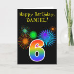 [ Thumbnail: Fun Fireworks + Rainbow Pattern "6" Birthday # Card ]