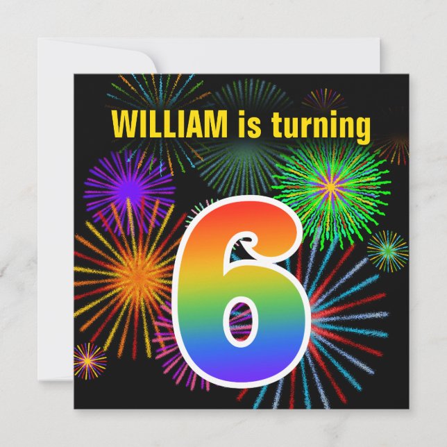 Fun Fireworks + Rainbow Pattern "6" Birthday # Invitation (Front)