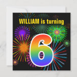 [ Thumbnail: Fun Fireworks + Rainbow Pattern "6" Birthday # Invitation ]