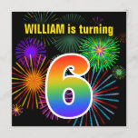 [ Thumbnail: Fun Fireworks + Rainbow Pattern "6" Birthday # Invitation ]