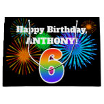 [ Thumbnail: Fun Fireworks + Rainbow Pattern "6" Birthday # Gift Bag ]