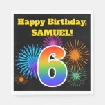 [ Thumbnail: Fun Fireworks + Rainbow Pattern "6" Birthday # Napkins ]