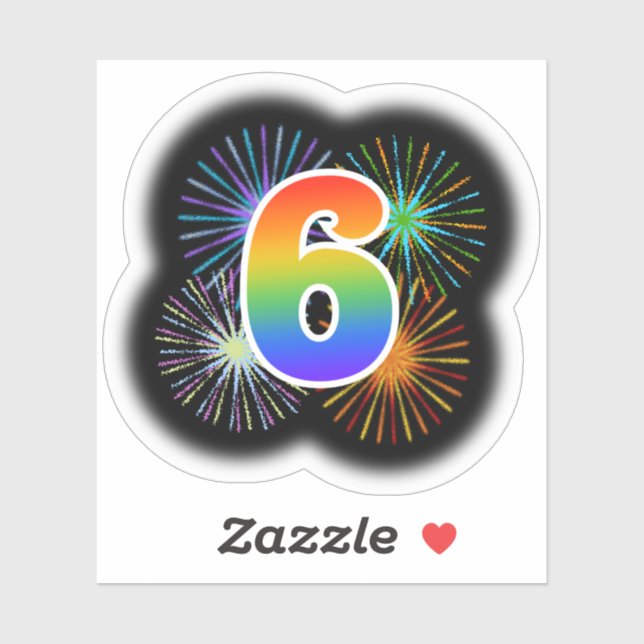 Fun Fireworks + Rainbow Pattern "6" Event # Sticker (Sheet)