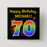 [ Thumbnail: Fun Fireworks + Rainbow Pattern "70" Birthday # Button ]