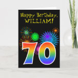 [ Thumbnail: Fun Fireworks + Rainbow Pattern "70" Birthday # Card ]