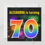 [ Thumbnail: Fun Fireworks + Rainbow Pattern "70" Birthday # Invitation ]