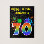 [ Thumbnail: Fun Fireworks + Rainbow Pattern "70" Birthday # Jigsaw Puzzle ]