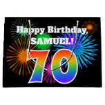 [ Thumbnail: Fun Fireworks + Rainbow Pattern "70" Birthday # Gift Bag ]