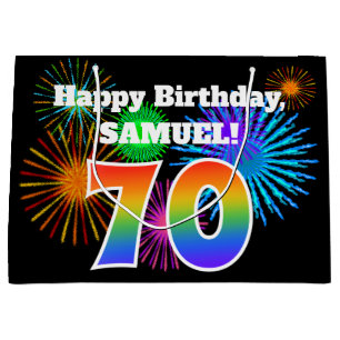 Fun Fireworks + Rainbow Pattern "70" Birthday # Large Gift Bag