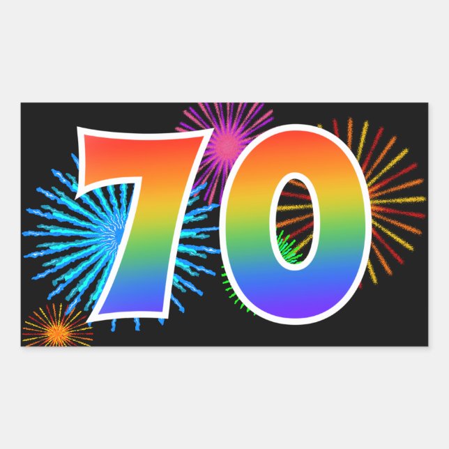 Fun Fireworks + Rainbow Pattern "70" Event Number Rectangular Sticker (Front)