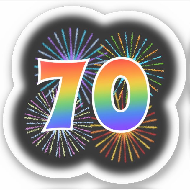 Fun Fireworks + Rainbow Pattern "70" Event # Sticker (Front)