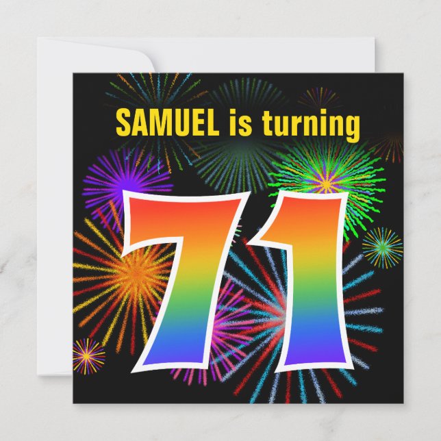 Fun Fireworks + Rainbow Pattern "71" Birthday # Invitation (Front)