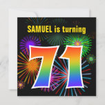 [ Thumbnail: Fun Fireworks + Rainbow Pattern "71" Birthday # Invitation ]