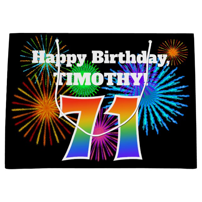 Fun Fireworks + Rainbow Pattern "71" Birthday # Large Gift Bag (Front)