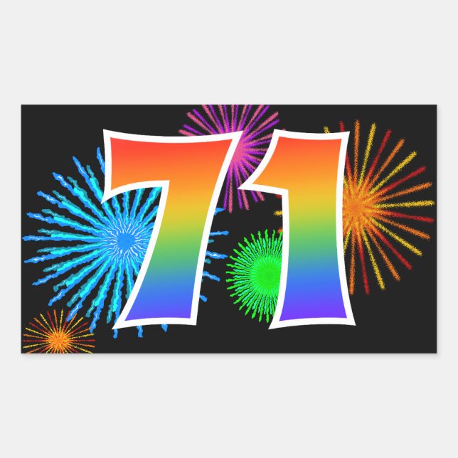 Fun Fireworks + Rainbow Pattern "71" Event Number Rectangular Sticker (Front)
