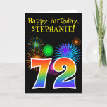 [ Thumbnail: Fun Fireworks + Rainbow Pattern "72" Birthday # Card ]