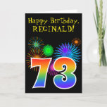 [ Thumbnail: Fun Fireworks + Rainbow Pattern "73" Birthday # Card ]