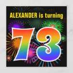 [ Thumbnail: Fun Fireworks + Rainbow Pattern "73" Birthday # Invitation ]