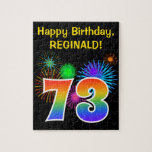 [ Thumbnail: Fun Fireworks + Rainbow Pattern "73" Birthday # Jigsaw Puzzle ]