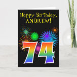 [ Thumbnail: Fun Fireworks + Rainbow Pattern "74" Birthday # Card ]