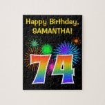 [ Thumbnail: Fun Fireworks + Rainbow Pattern "74" Birthday # Jigsaw Puzzle ]