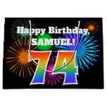 [ Thumbnail: Fun Fireworks + Rainbow Pattern "74" Birthday # Gift Bag ]